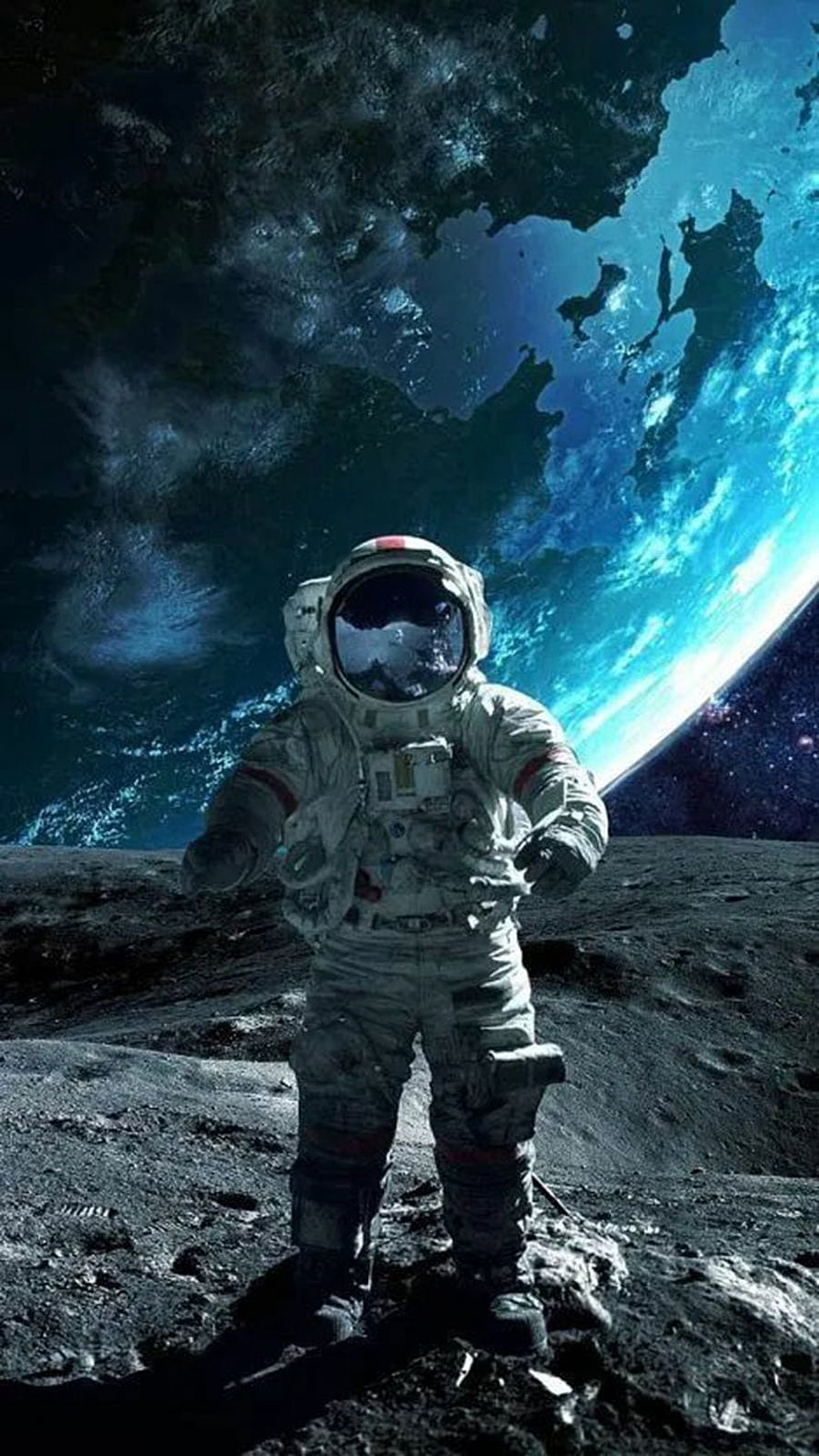 Astronaut Standing on Moon Surface with Earth in Background HD phone wallpaper