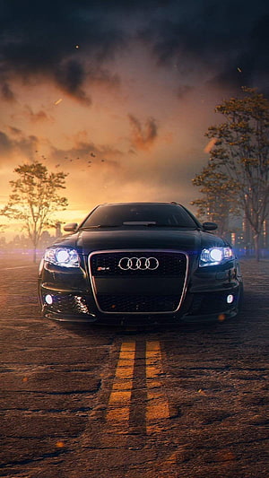 Black Audi RS4 B7 Front View on a Cracked Road at Sunset with Dramatic Sky HD phone wallpaper
