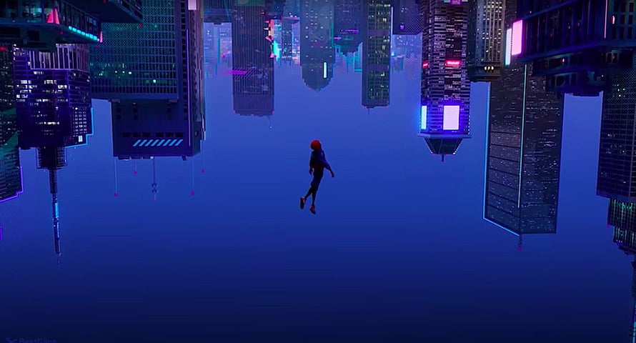 Spider-Man Miles Morales Falling Through Upside-Down Neon Cyberpunk Cityscape, miles morales chill pc, spiderman miles morales cool anime HD wallpaper