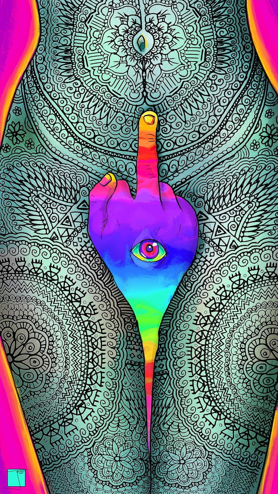 Psychedelic Hand with Eye and Middle Finger in Intricate Mandala Pattern HD phone wallpaper