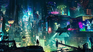Neon-lit futuristic cyberpunk cityscape with flying vehicles and towering skyscrapers at night HD wallpaper