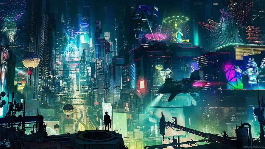 Neon-lit futuristic cyberpunk cityscape with flying vehicles and towering skyscrapers at night HD wallpaper