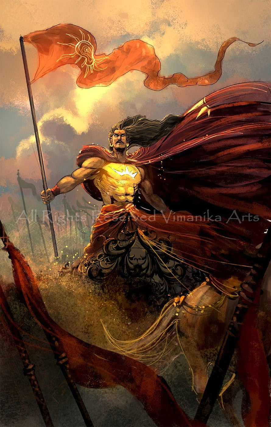 Majestic Hindu Warrior on Horseback with Sun Flag in Epic Fantasy Illustration HD phone wallpaper
