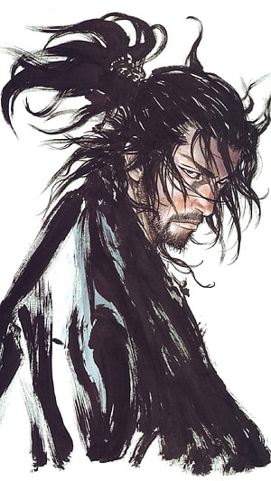 Ink Wash Portrait of a Warrior with Wild Hair and Intense Gaze HD phone wallpaper