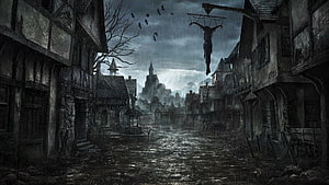 Dark Medieval Village Street With Hanging Corpse And Rainy Atmosphere HD wallpaper