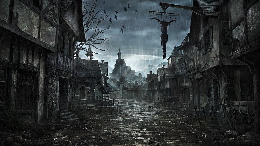 Dark Medieval Village Street With Hanging Corpse And Rainy Atmosphere HD wallpaper