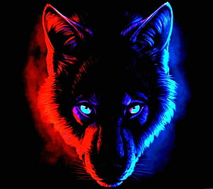 Neon Wolf Portrait with Glowing Cyan Eyes and Red Blue Lighting HD wallpaper