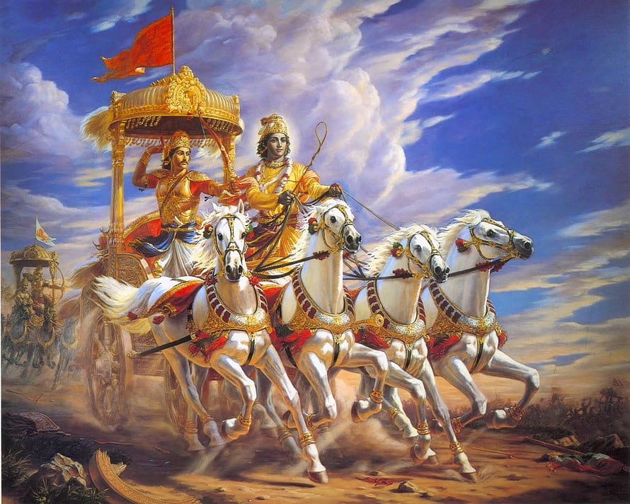 Arjuna and Krishna in the Chariot from the Mahabharata Epic HD wallpaper