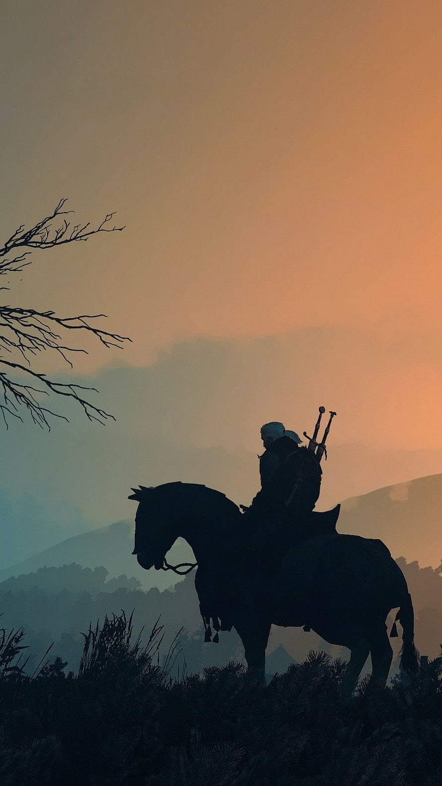 Silhouette of a warrior on horseback against a misty sunset landscape HD phone wallpaper