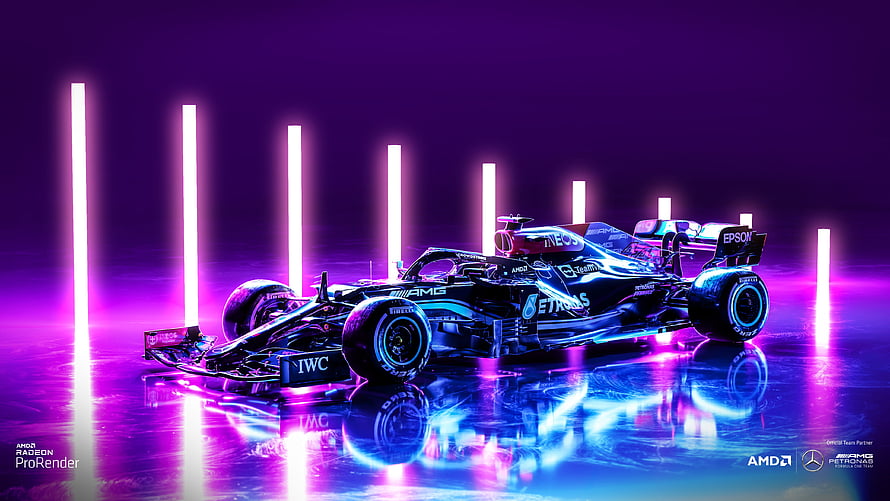 Mercedes-AMG Petronas Formula 1 Car in Neon Purple and Blue Cyberpunk Style HD wallpaper