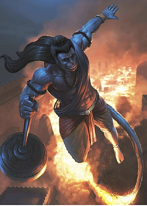Hanuman the Monkey God Leaping with Mace Over Burning City, Pin on Jai shri Ram, lord rama animated HD phone wallpaper