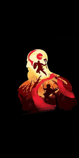 God of War Kratos Double Exposure Silhouette with Axe and Bow in Red and Gold Palette HD phone wallpaper