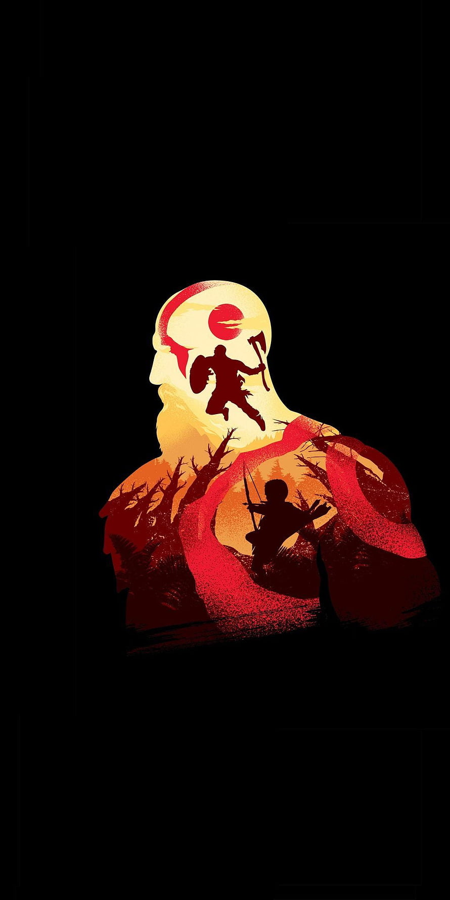 God of War Kratos Double Exposure Silhouette with Axe and Bow in Red and Gold Palette HD phone wallpaper