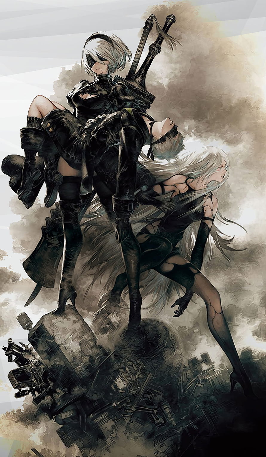 2B and 2C from Nier Automata in dynamic combat pose with swords amidst ruins HD phone wallpaper