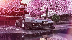 Widebody Mazda RX-7 Stanced Under Cherry Blossoms at a Japanese Temple HD wallpaper