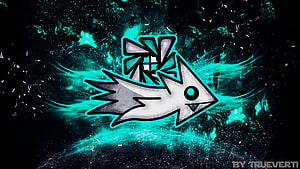 Geometry Dash Iconic Fish Character with Neon Cyan Glow on Dark Abstract Background HD wallpaper