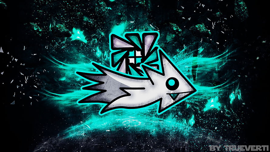 Geometry Dash Iconic Fish Character with Neon Cyan Glow on Dark Abstract Background HD wallpaper