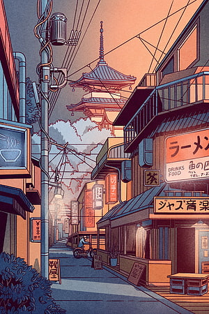 Retro Japanese Street Scene With Pagoda And Neon Signs HD phone wallpaper