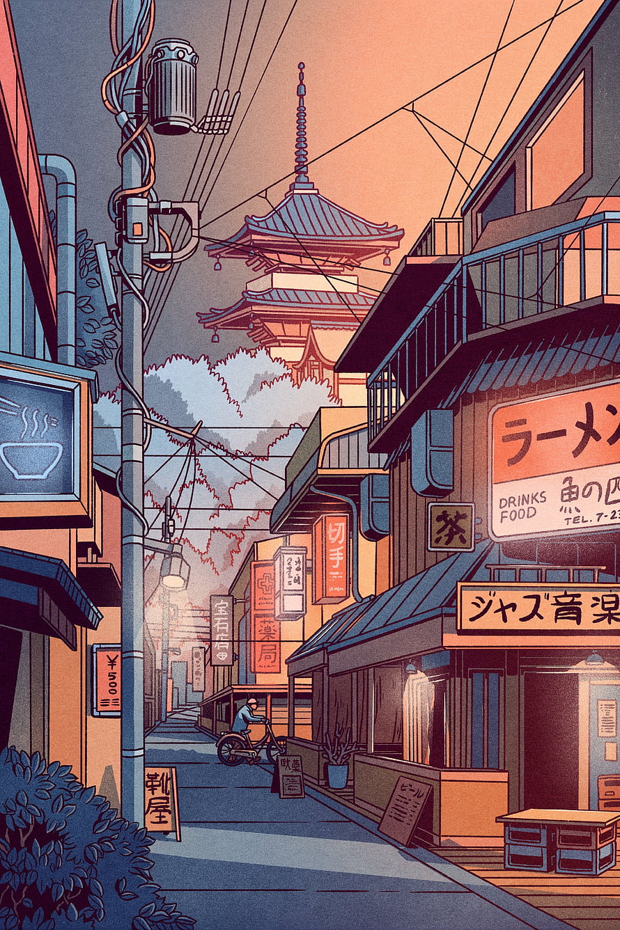 Retro Japanese Street Scene With Pagoda And Neon Signs HD phone wallpaper