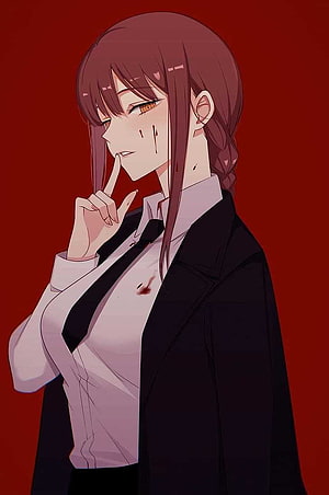 Makima from Chainsaw Man in a black suit with a finger to her lips against a red background, Makima Chainsaw Man, makima HD phone wallpaper