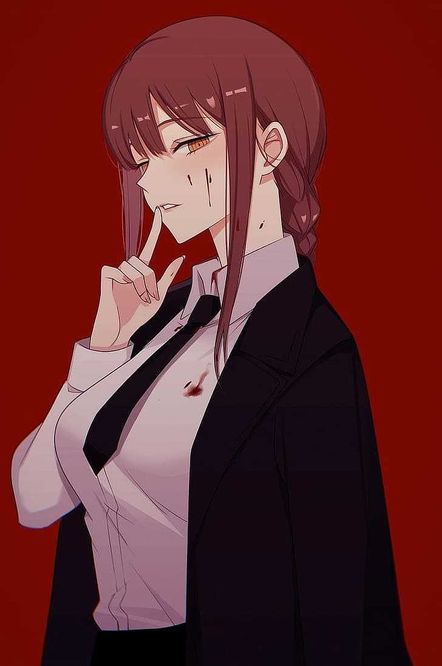 Makima from Chainsaw Man in a black suit with a finger to her lips against a red background, Makima Chainsaw Man, makima HD phone wallpaper