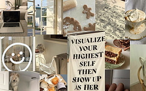 Beige Aesthetic Collage Featuring Cozy Home Interiors, Baked Goods, and Inspirational Text HD wallpaper
