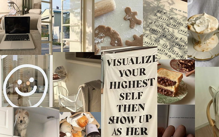 Beige Aesthetic Collage Featuring Cozy Home Interiors, Baked Goods, and Inspirational Text HD wallpaper