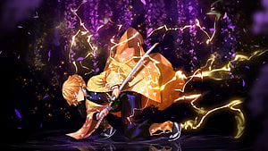 Zenitsu Agatsuma wielding Thunderclap and Flash technique in dynamic anime art HD wallpaper