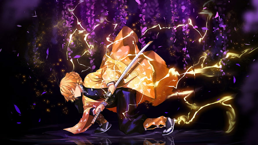 Zenitsu Agatsuma wielding Thunderclap and Flash technique in dynamic anime art HD wallpaper