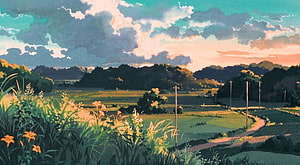 Serene Anime Countryside Landscape at Sunset with Rolling Hills and Wildflowers HD wallpaper