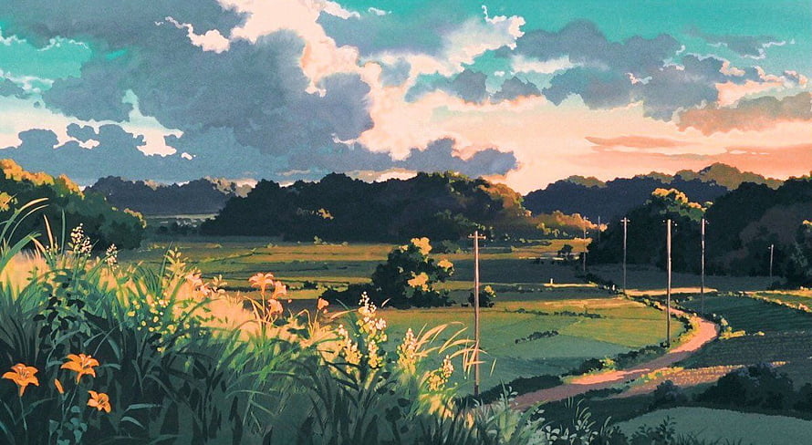 Serene Anime Countryside Landscape at Sunset with Rolling Hills and Wildflowers HD wallpaper