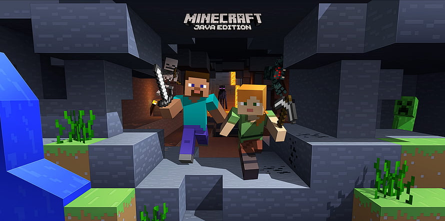 Minecraft Java Edition Steve and Alex Fighting Hostile Mobs in a Dark Cave HD wallpaper