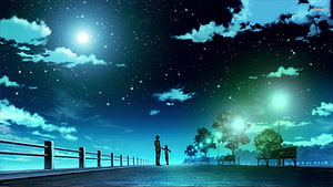 Anime Night Scene With Two Silhouettes Walking Under Starry Sky HD wallpaper