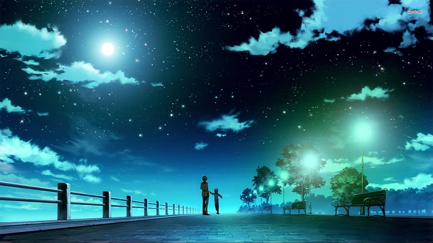 Anime Night Scene With Two Silhouettes Walking Under Starry Sky HD wallpaper