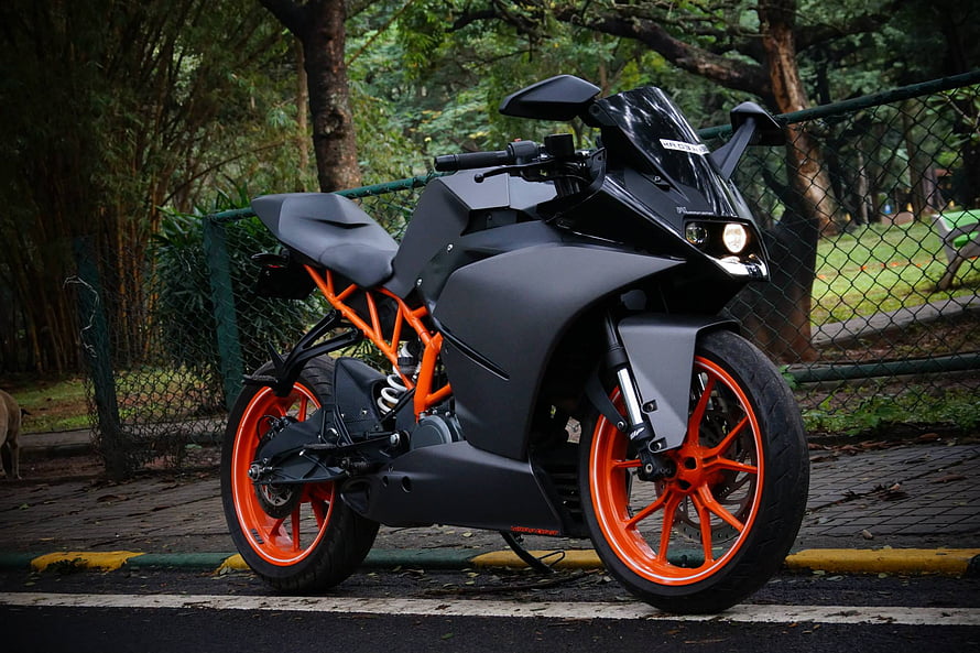 KTM RC 390 Sport Bike With Charcoal Grey Wrap And Orange Frame HD wallpaper