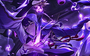 Raiden Shogun from Genshin Impact wielding a glowing purple sword in a dynamic anime pose HD wallpaper