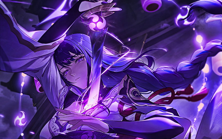Raiden Shogun from Genshin Impact wielding a glowing purple sword in a dynamic anime pose HD wallpaper