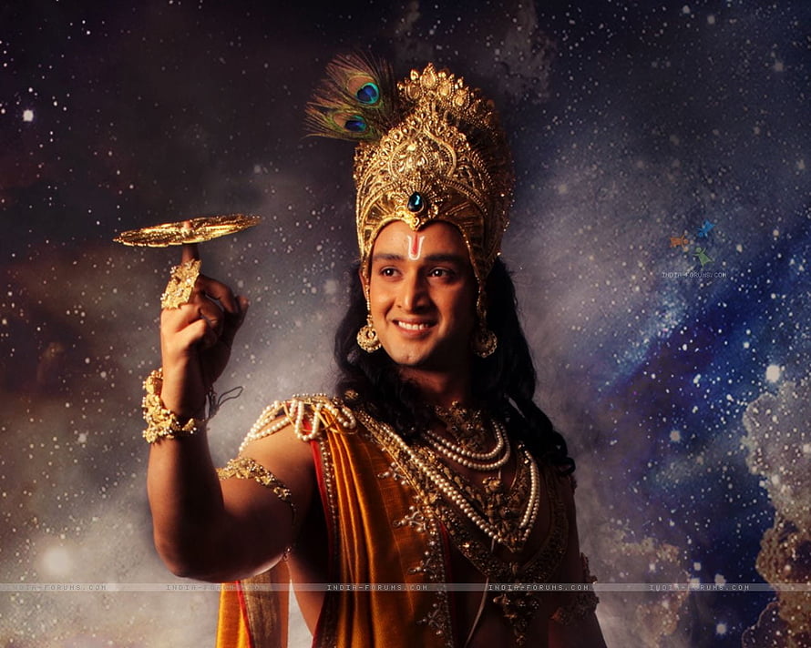 Lord Krishna Holding Sudarshan Chakra Against Starry Sky Background HD wallpaper