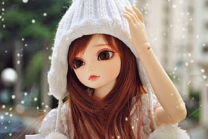 Cute Ball Jointed Doll With Brown Hair And White Knit Hat HD wallpaper