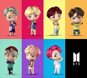 BTS Chibi 3D Character Figurines Collection on Vibrant Color Grid HD wallpaper