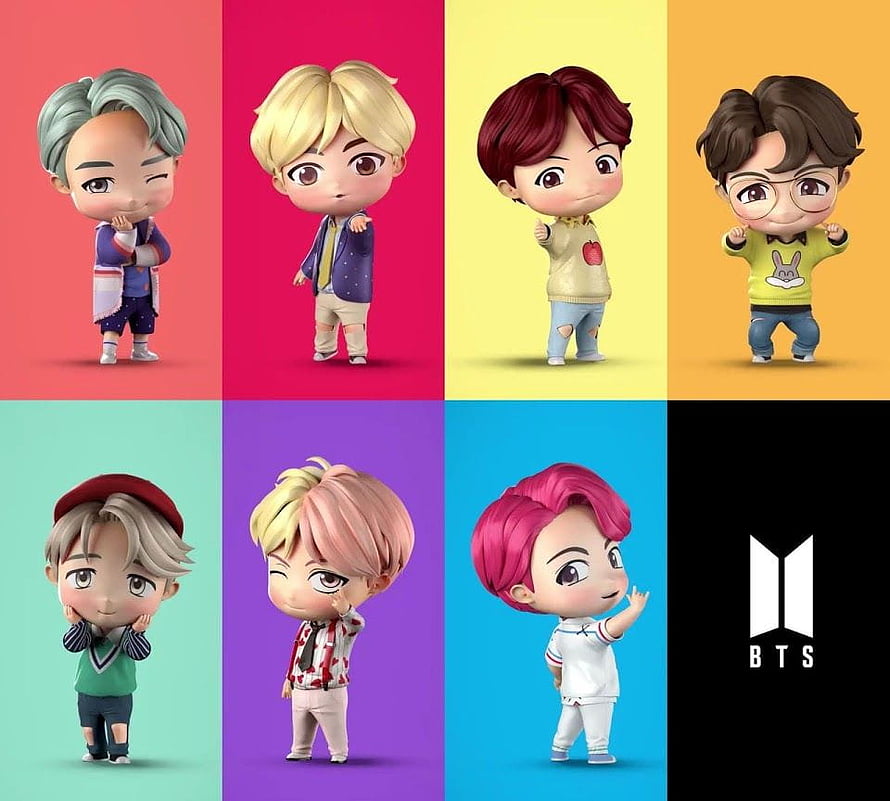 BTS Chibi 3D Character Figurines Collection on Vibrant Color Grid HD wallpaper
