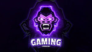 Fire Gaming Logo: Neon Purple Gorilla Mascot with Gaming Text on Dark Background HD wallpaper