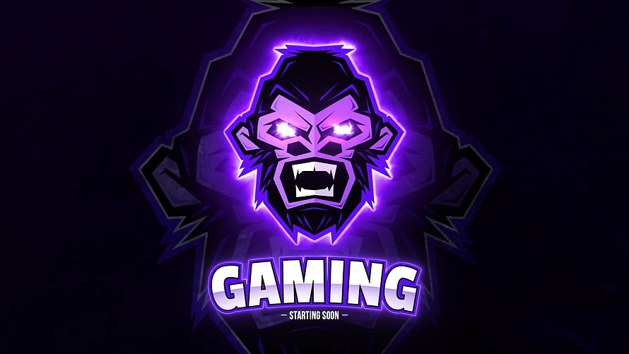 Fire Gaming Logo: Neon Purple Gorilla Mascot with Gaming Text on Dark Background HD wallpaper