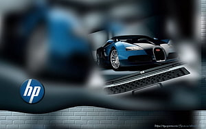 Blue Bugatti Veyron and HP Keyboard on Brick Wall Background HD wallpaper