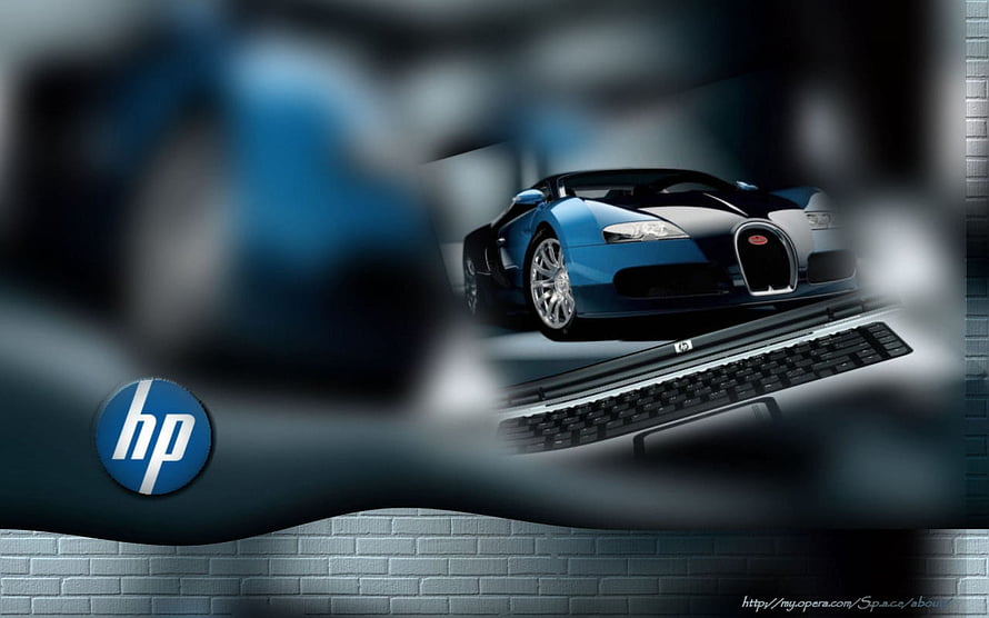 Blue Bugatti Veyron and HP Keyboard on Brick Wall Background HD wallpaper