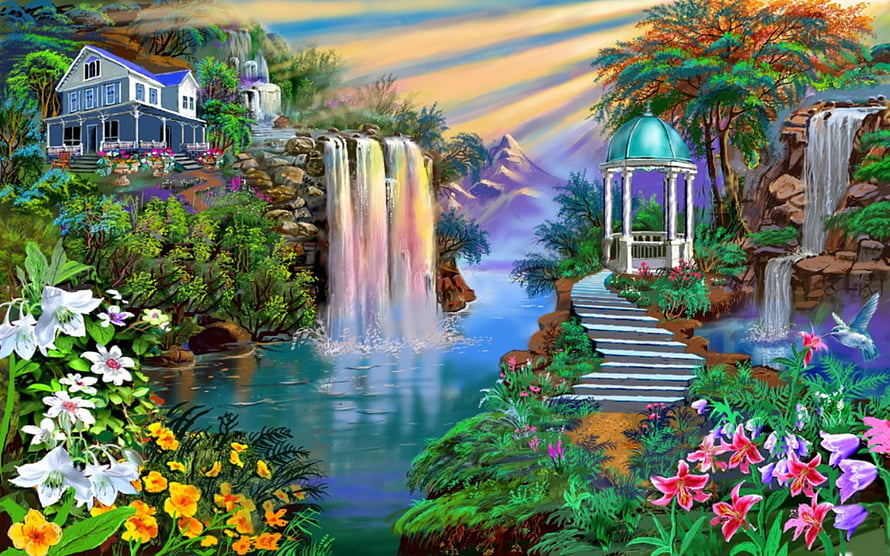 Magical Fantasy Landscape With Waterfall, Gazebo, And Colorful Flowers HD wallpaper