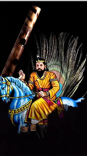 Baba Mohan Ram on a blue horse with a large bamboo flute and peacock feather backdrop HD phone wallpaper