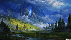 Epic Fantasy Mountain Landscape with Glowing Portal and Misty Valley HD wallpaper