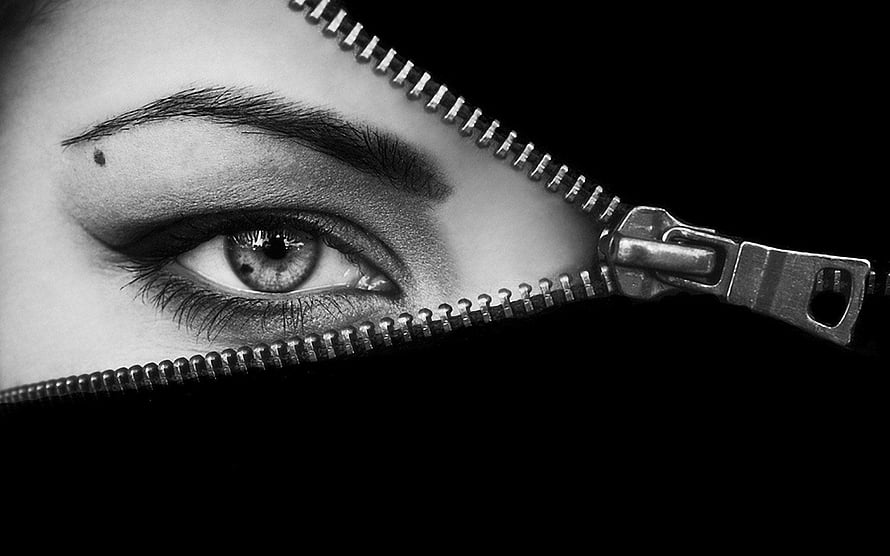 Black and White Close-Up of a Woman's Eye Peeking Through a Metal Zipper, Nature Pack Zip, zips HD wallpaper