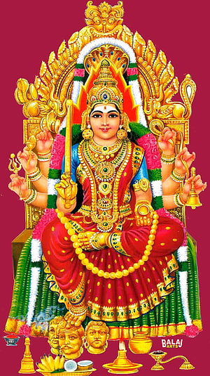 Goddess Durga Seated on Golden Throne with Multiple Arms Holding Weapons and Ritual Items HD phone wallpaper